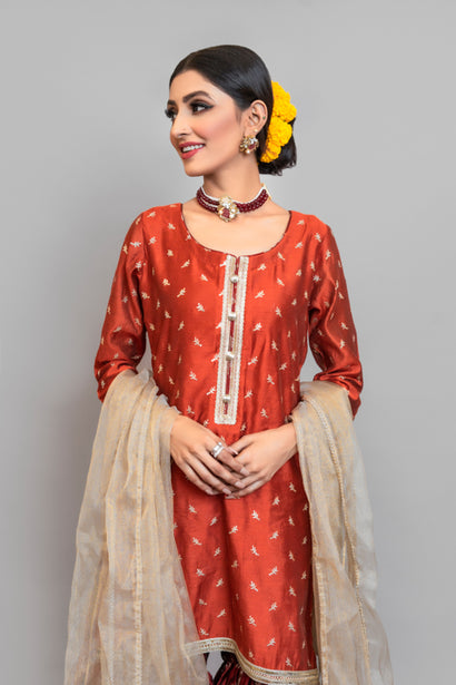 Formal Saffron & Gold Shirt with Red Gharara (3 Piece)