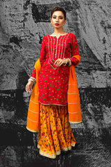Red & Dull Gold Cheent Gharara Set (3 Piece)