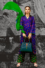 Blue & Green Floral Cheent Outfit (3 Piece)