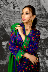 Blue & Green Floral Cheent Outfit (3 Piece)