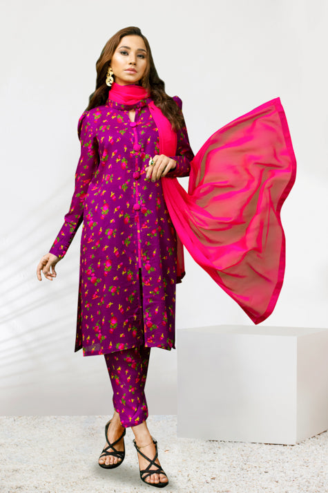 Purple & Pink Floral Cheent Outfit (3 Piece)