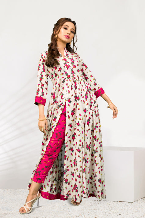 White & Pink Floral Cheent Dress Set (2 Piece)