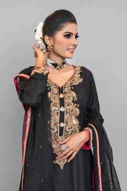 Formal Black Embroidered Shirt with Sharara Pants (3 Piece)