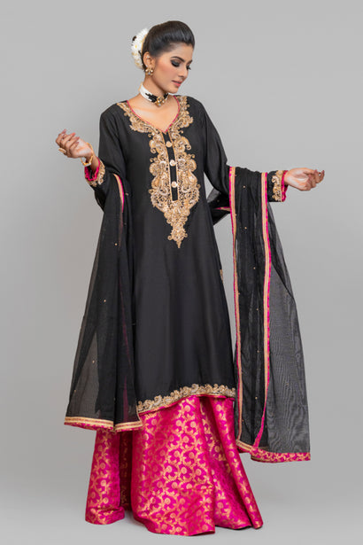 Formal Black Embroidered Shirt with Sharara Pants (3 Piece)