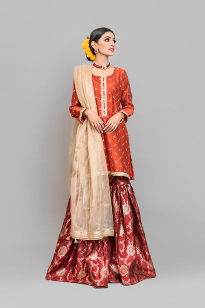 Formal Saffron & Gold Shirt with Red Gharara (3 Piece)