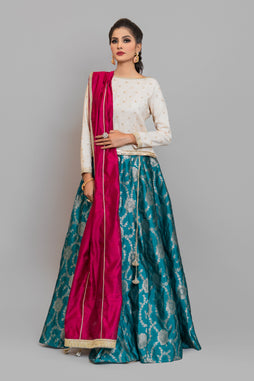 Formal Ivory Choli with Jamawar Lehenga (3 Piece)
