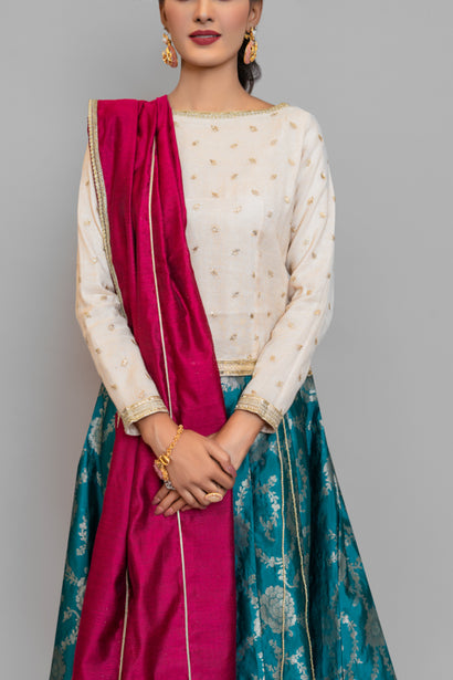 Formal Ivory Choli with Jamawar Lehenga (3 Piece)