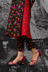 Black with Red Floral Cheent Outfit (3 Piece)