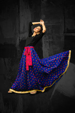 Blue Floral Cheent Flowy Skirt with Black Top (2 Piece)