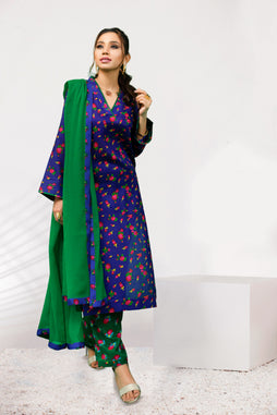 Blue & Green Floral Cheent Outfit (3 Piece)