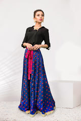 Blue Floral Cheent Flowy Skirt with Black Top (2 Piece)