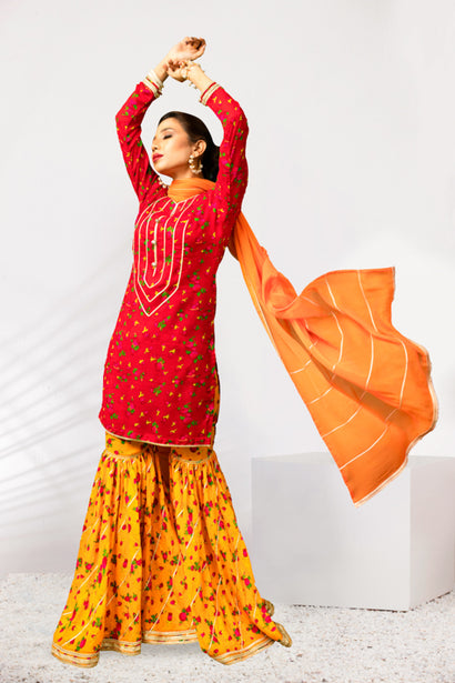 Red & Dull Gold Cheent Gharara Set (3 Piece)