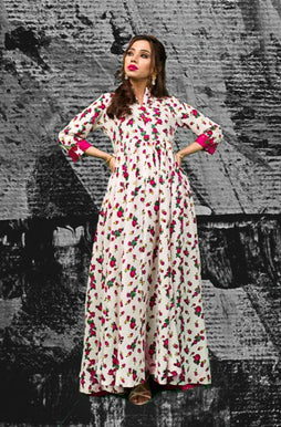 White & Pink Floral Cheent Dress Set (2 Piece)